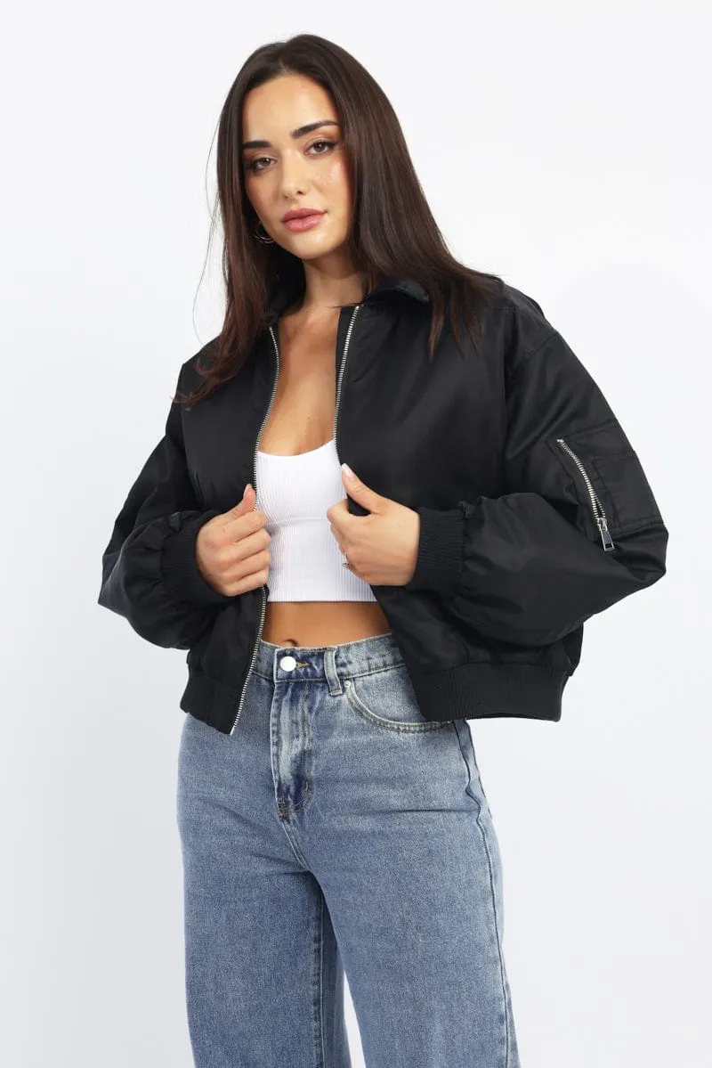 Black Bomber Jacket Collared