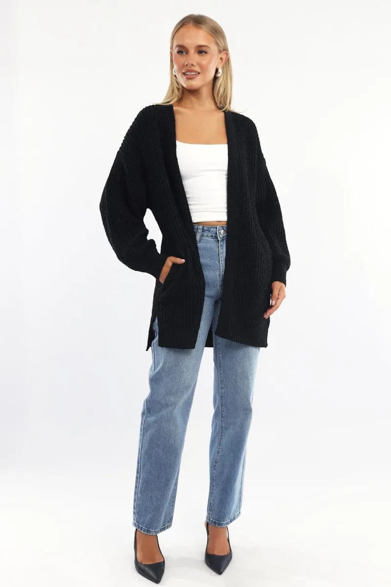 Black Longline Chenile Cardigan