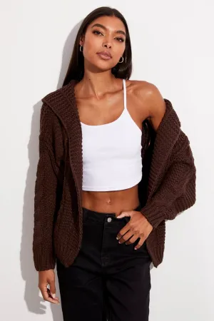Brown Hooded Cable Knit Cardigan