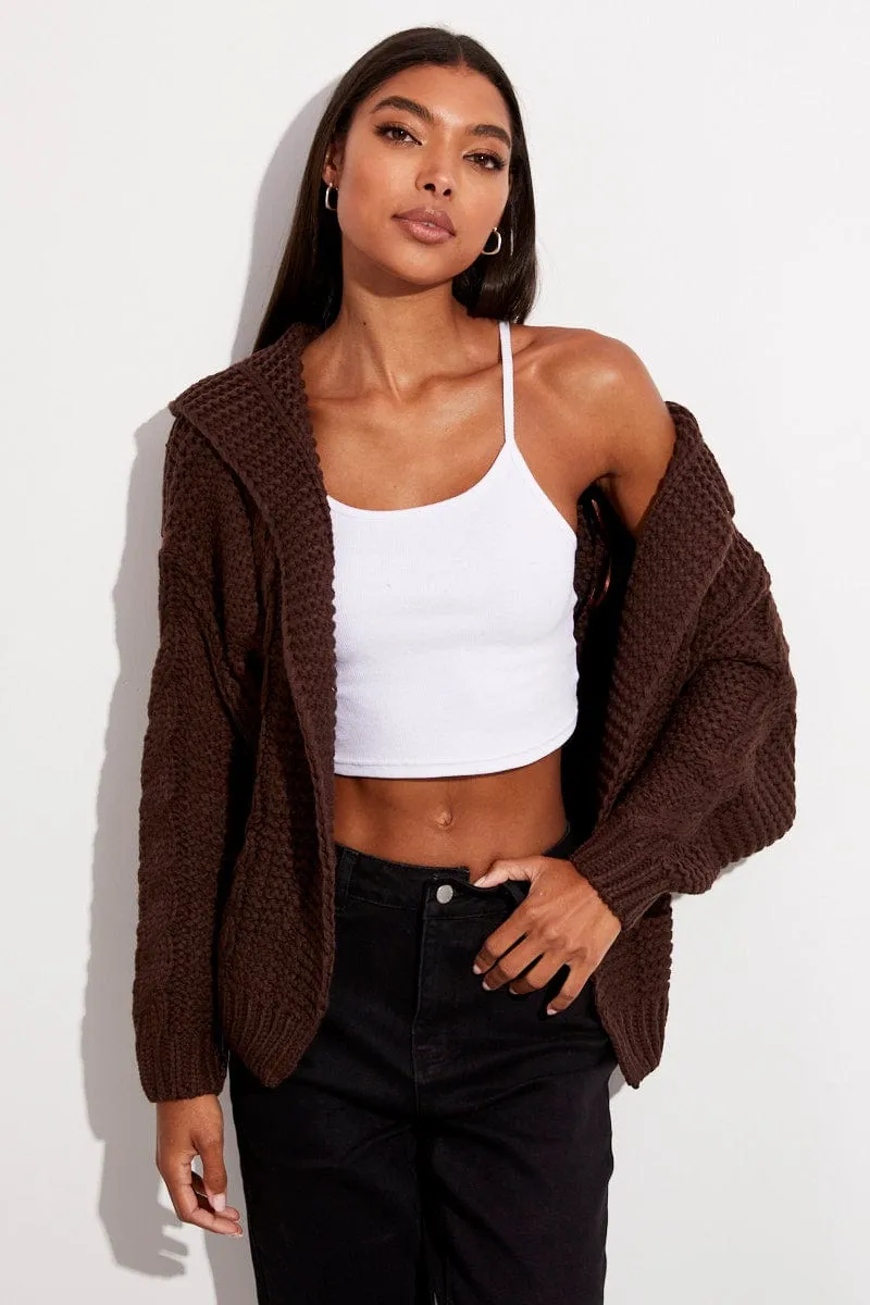 Brown Hooded Cable Knit Cardigan
