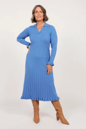 Collared Knitted Swing Dress in Blue