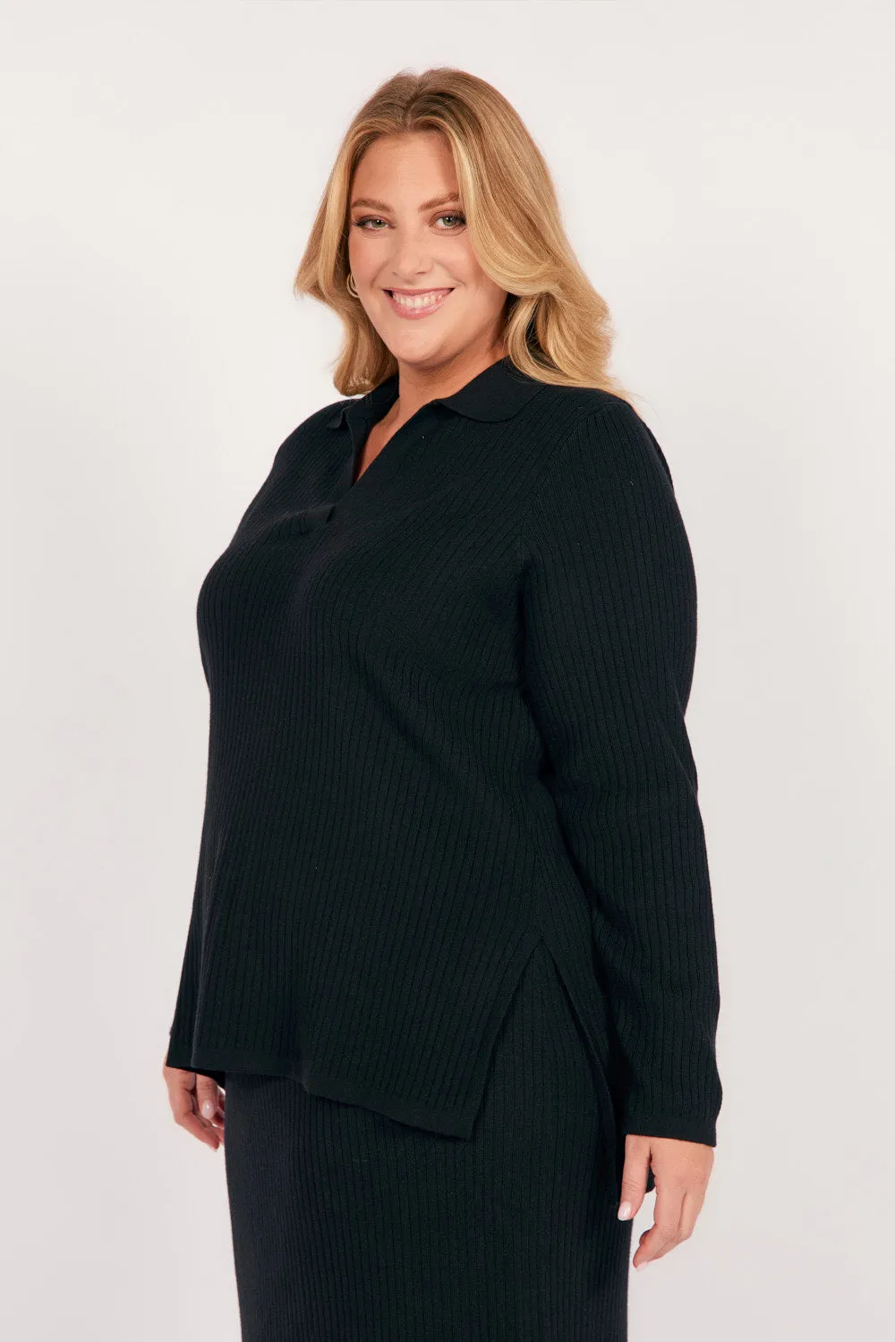 Collared Knitted Top in Black