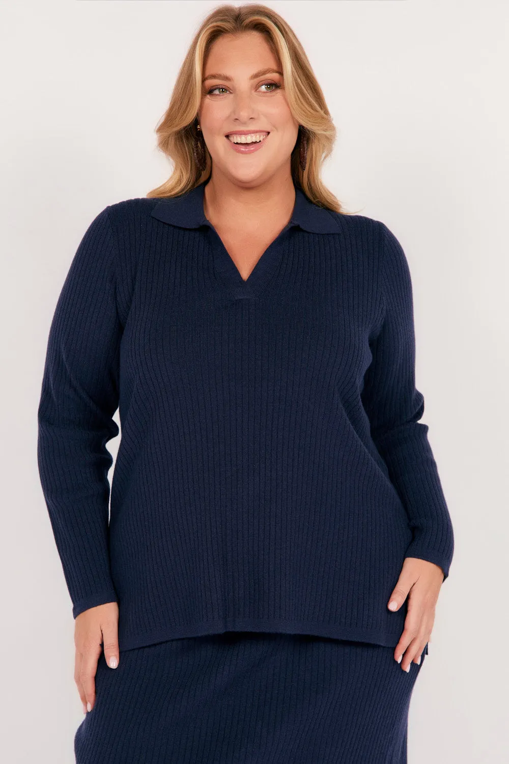 Collared Knitted Top in Navy