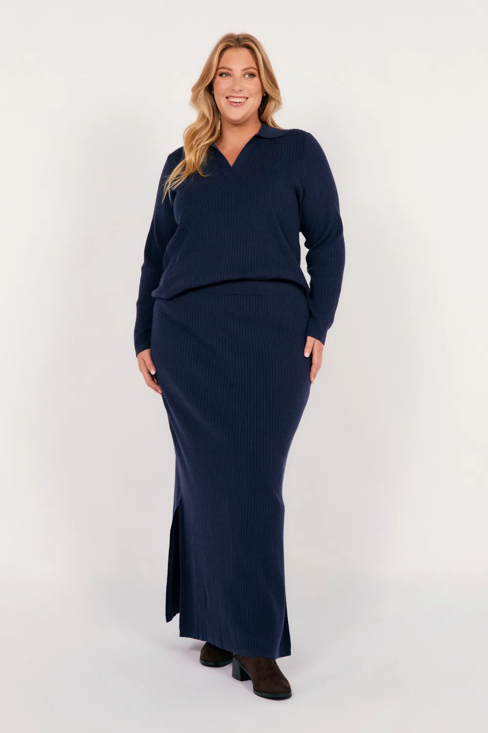Collared Knitted Top in Navy