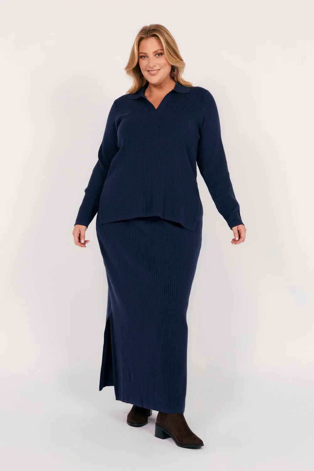 Collared Knitted Top in Navy