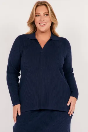 Collared Knitted Top in Navy