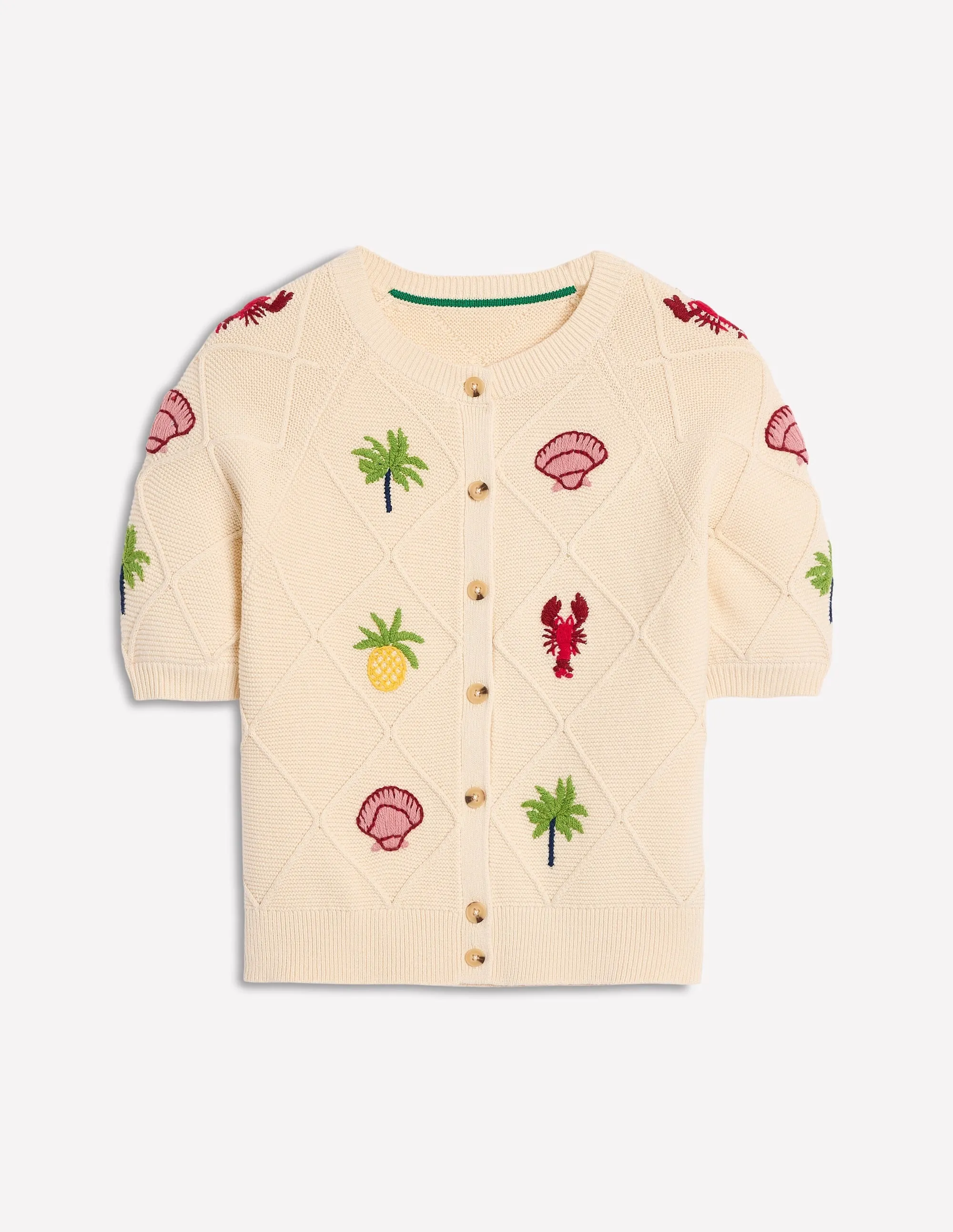 Embroidered T-Shirt Cardigan-Warm Ivory. Tropical Bonanza