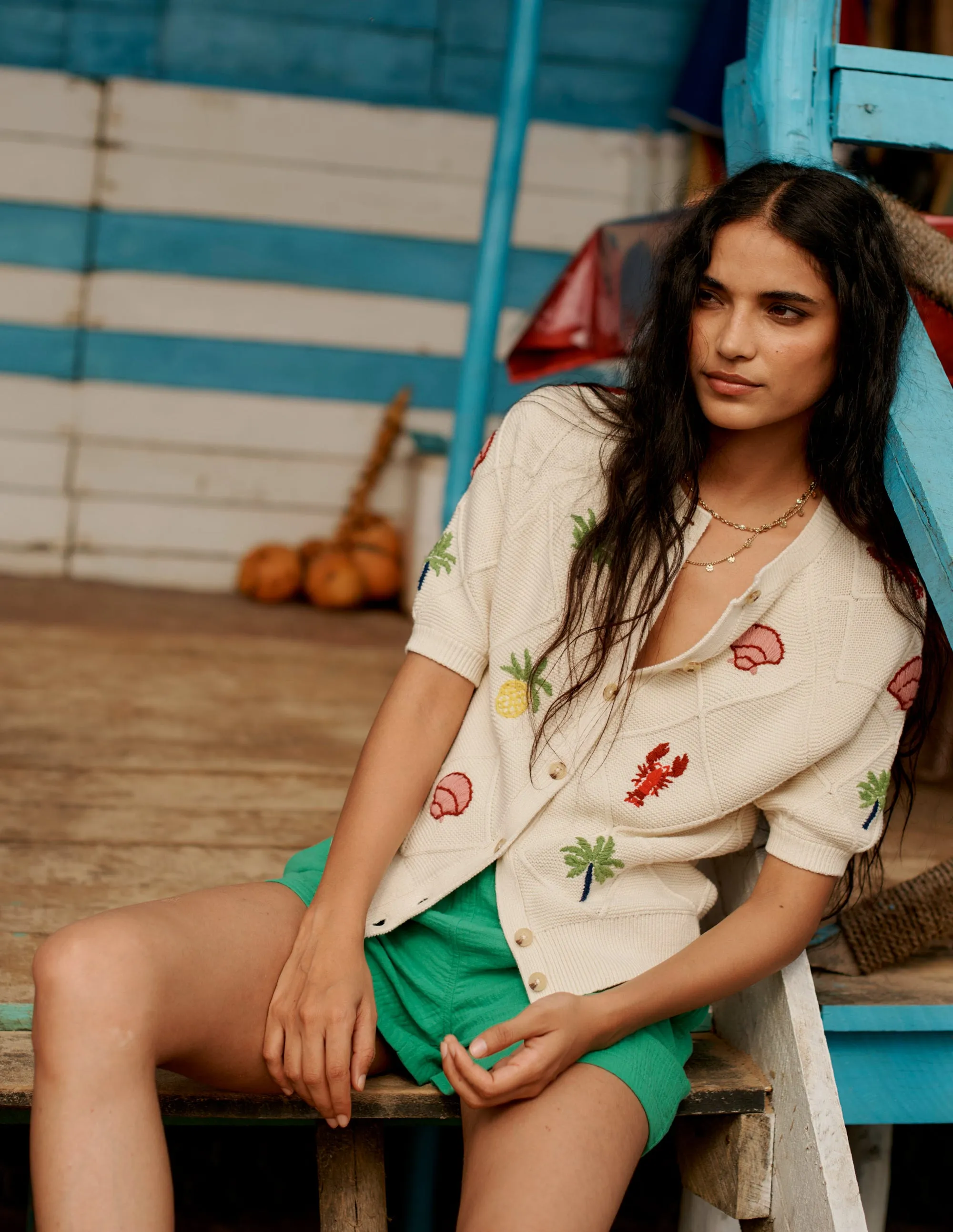 Embroidered T-Shirt Cardigan-Warm Ivory. Tropical Bonanza