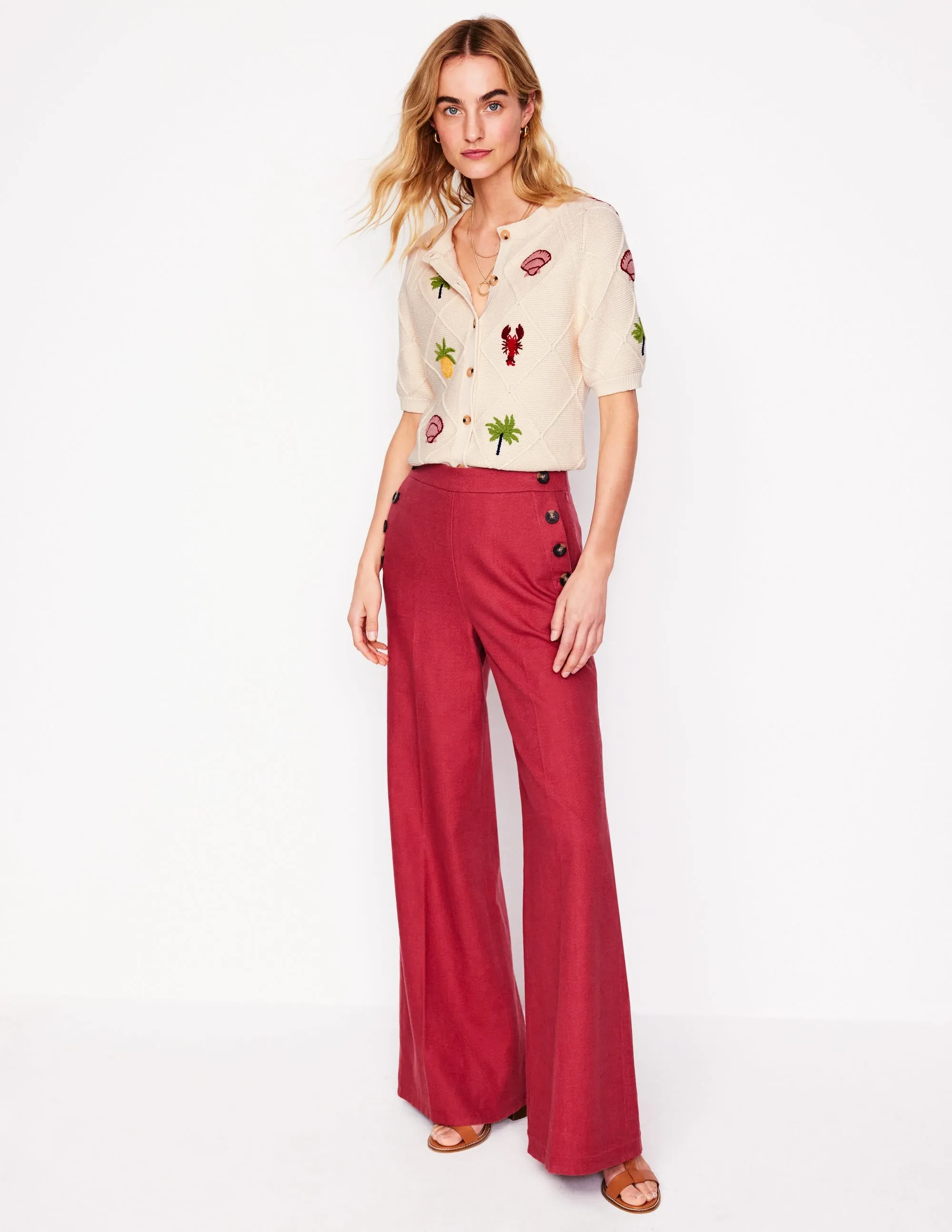 Embroidered T-Shirt Cardigan-Warm Ivory. Tropical Bonanza
