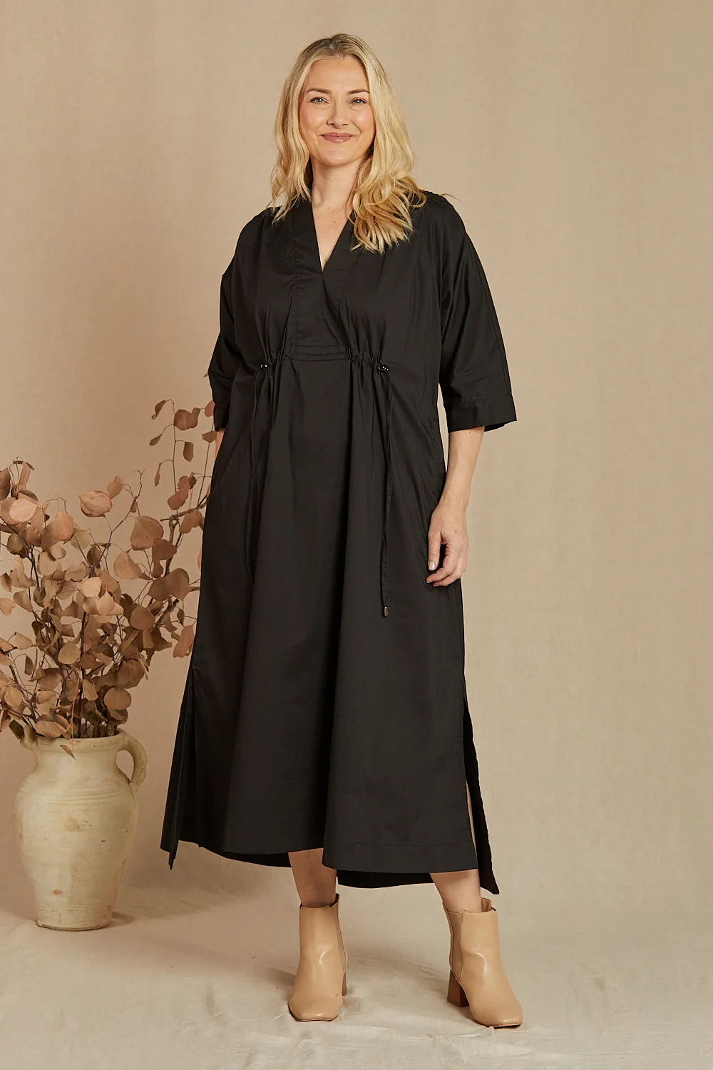 Finley Poplin Kaftan Dress in Black