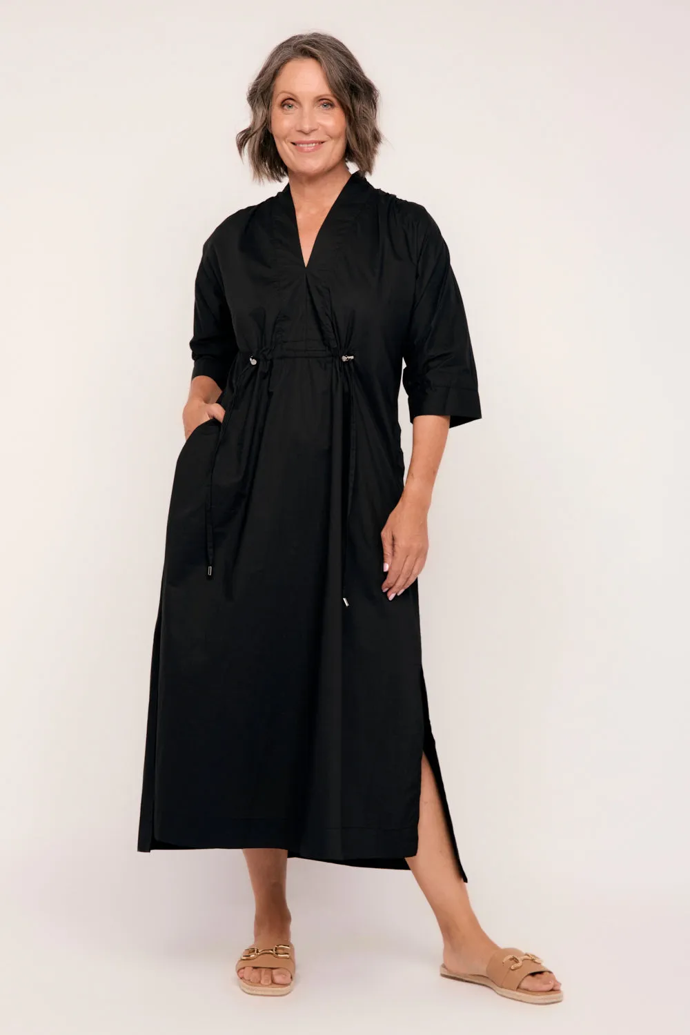 Finley Poplin Kaftan Dress in Black