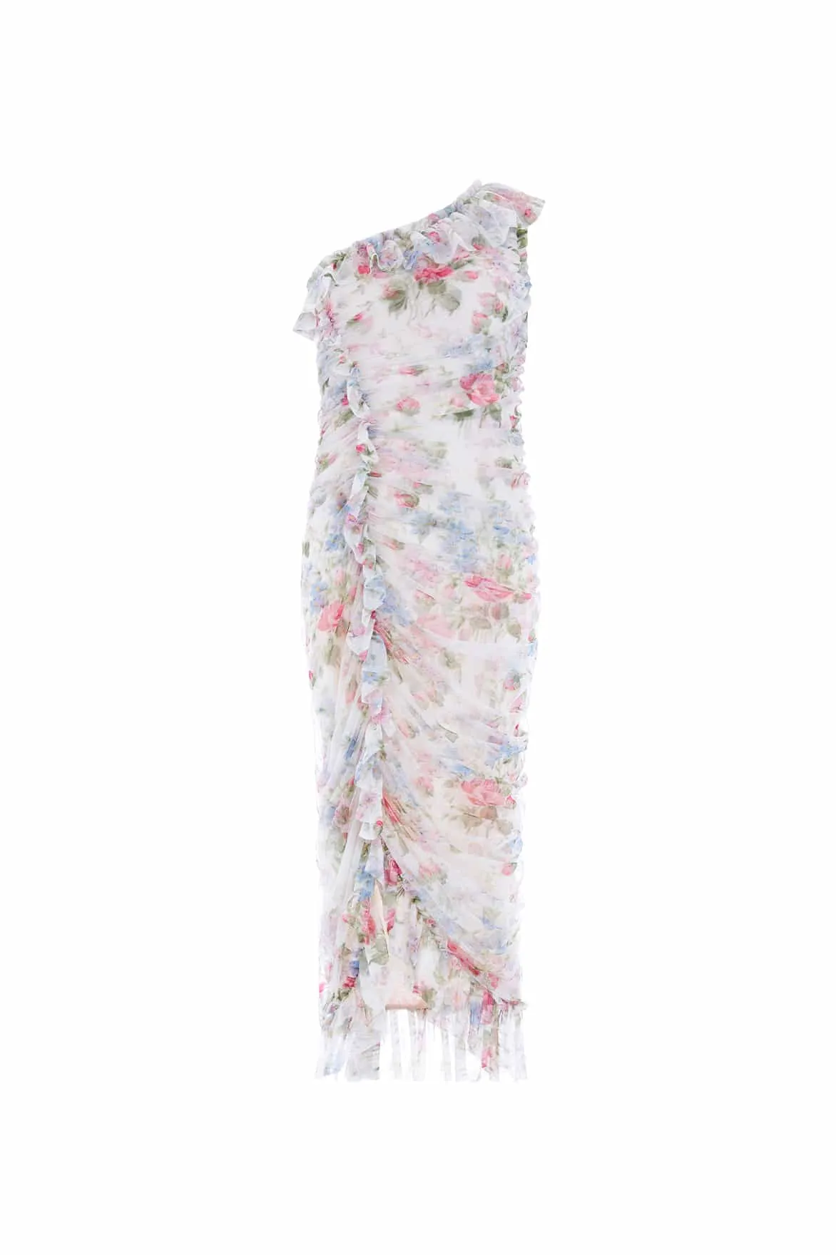 Floral Fantasy Rouched One-Shoulder Ballerina Dress