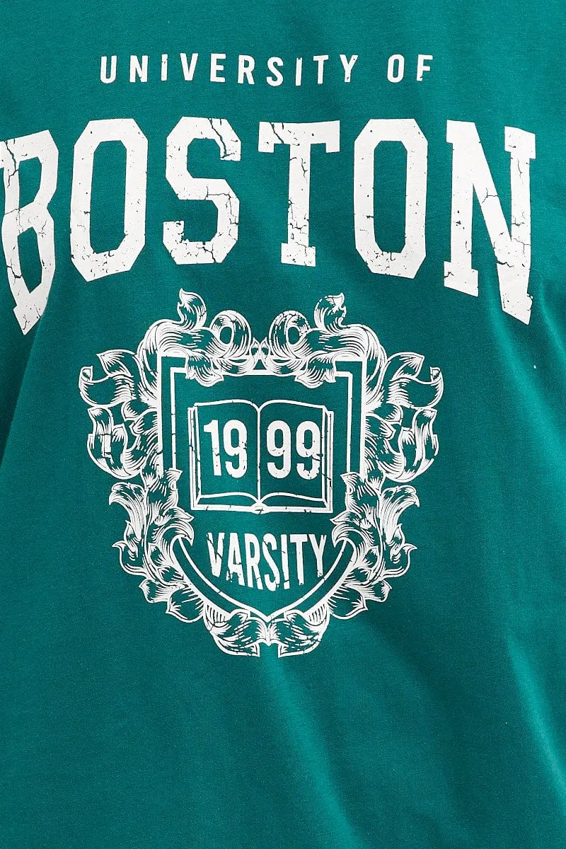 Green T Shirt Short Sleeve Crew Neck Boston Cotton