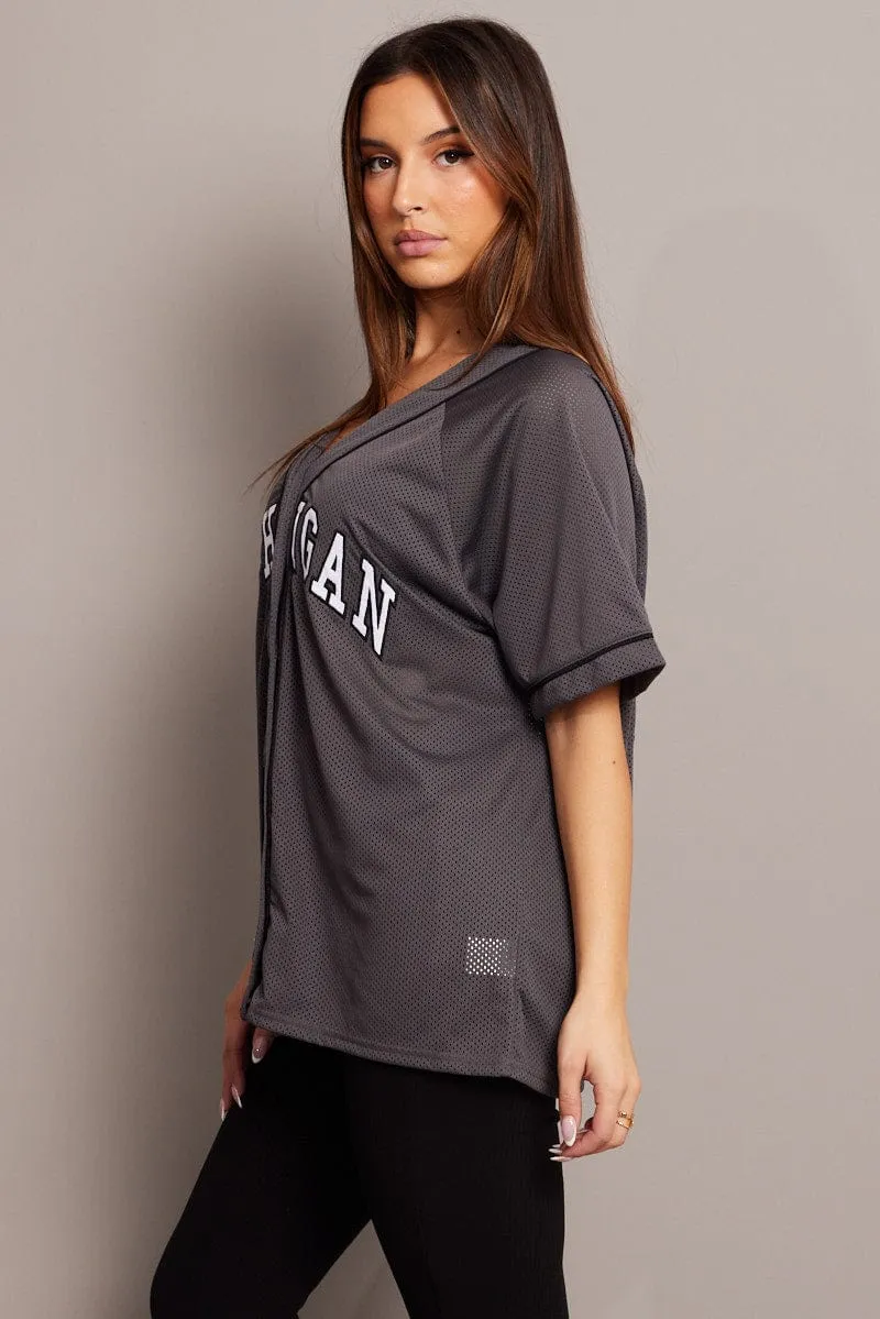 Grey Graphic Top Oversized Short Sleeve
