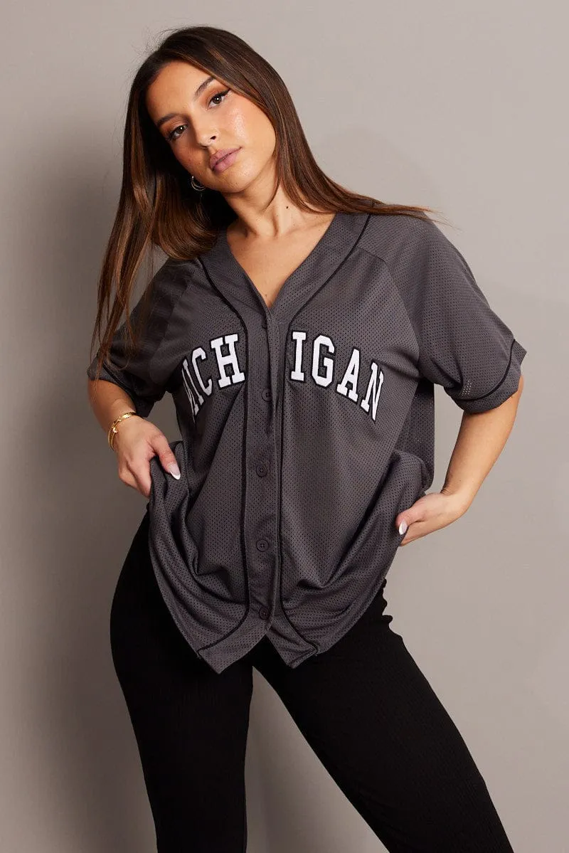 Grey Graphic Top Oversized Short Sleeve