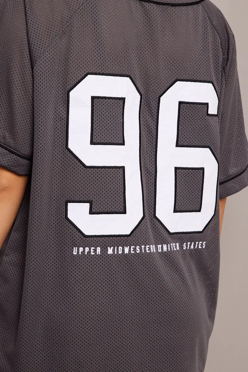 Grey Graphic Top Oversized Short Sleeve