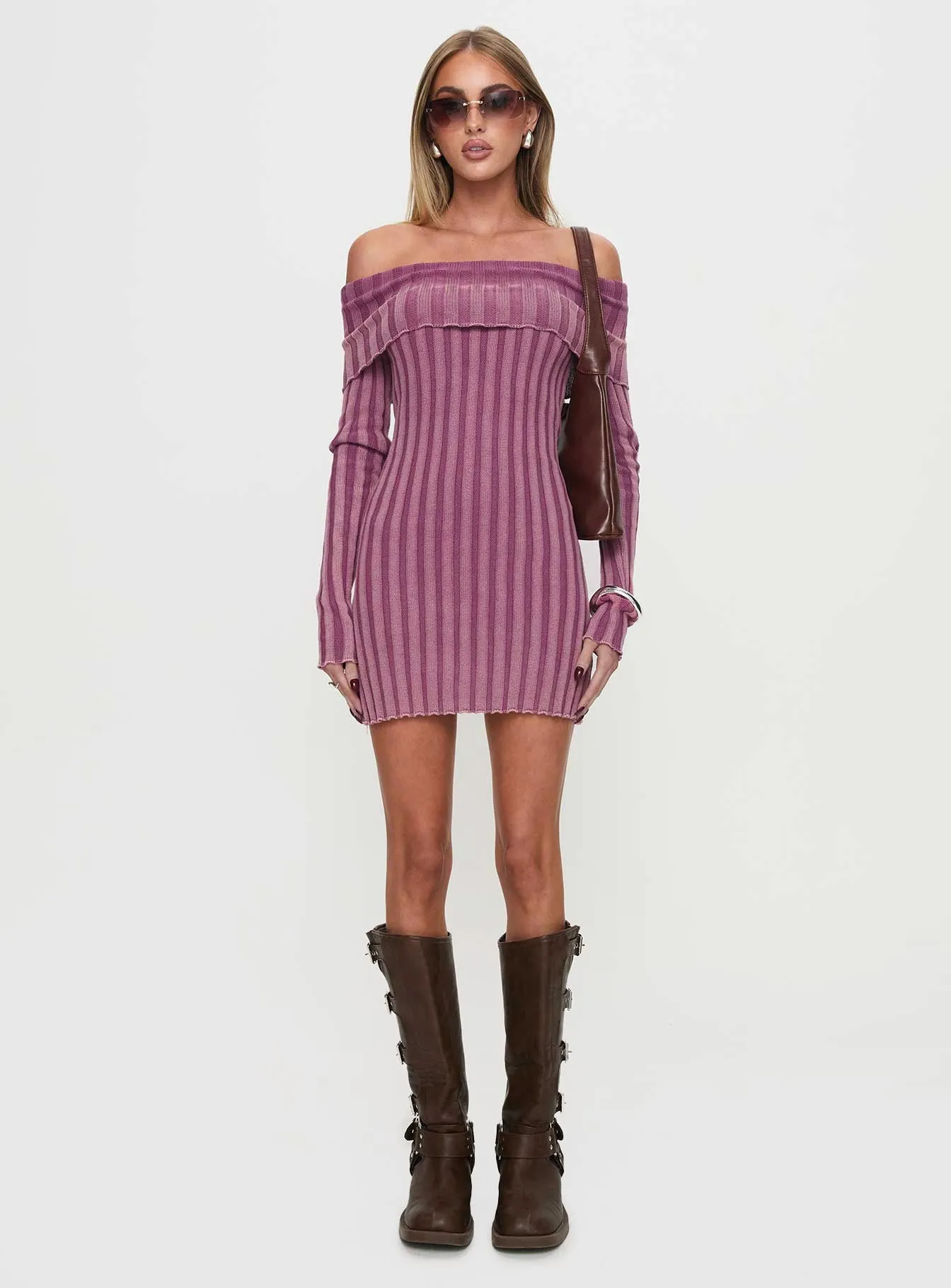 Kalesie Long Sleeve Rib Mini Dress Pink