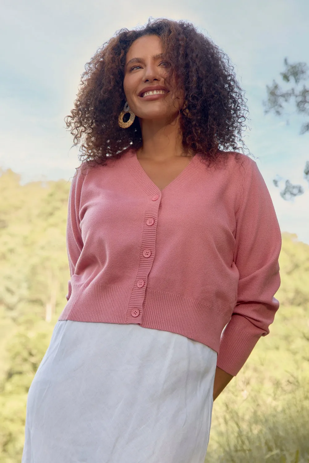Knitted Cropped Cardigan in Blush