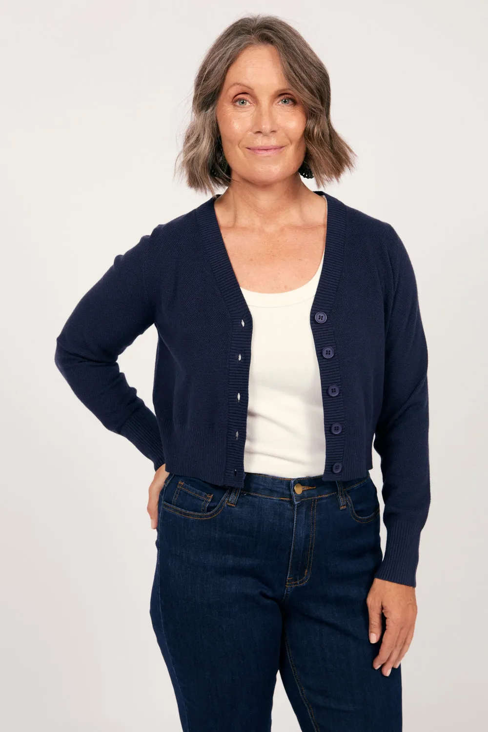 Knitted Cropped Cardigan in Navy