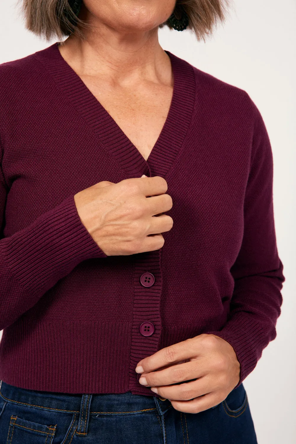 Knitted Cropped Cardigan in Plum