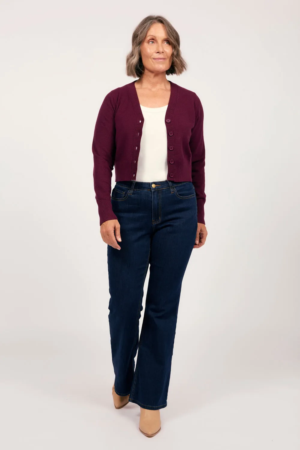 Knitted Cropped Cardigan in Plum