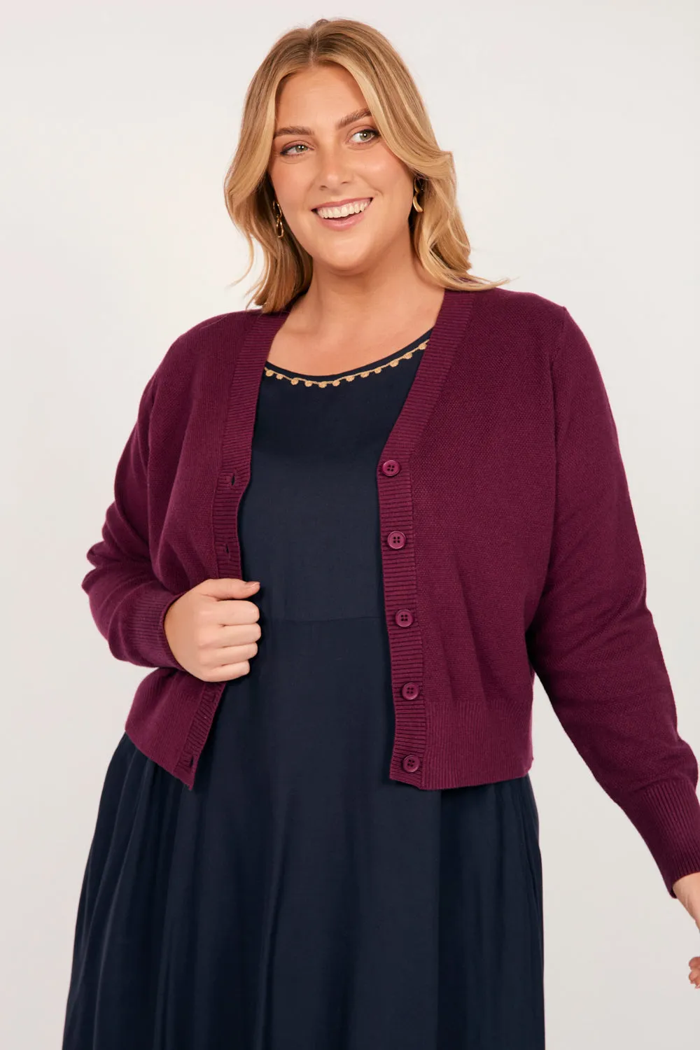 Knitted Cropped Cardigan in Plum