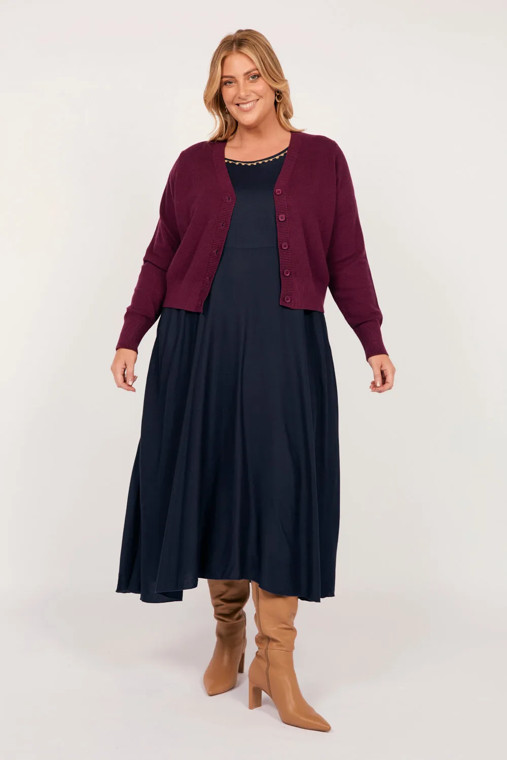 Knitted Cropped Cardigan in Plum