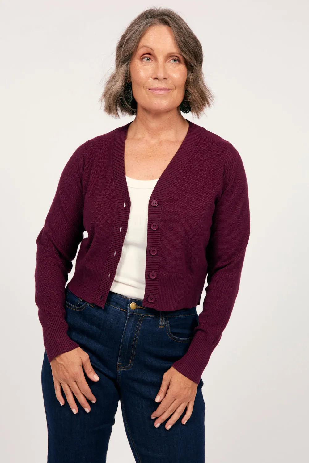 Knitted Cropped Cardigan in Plum