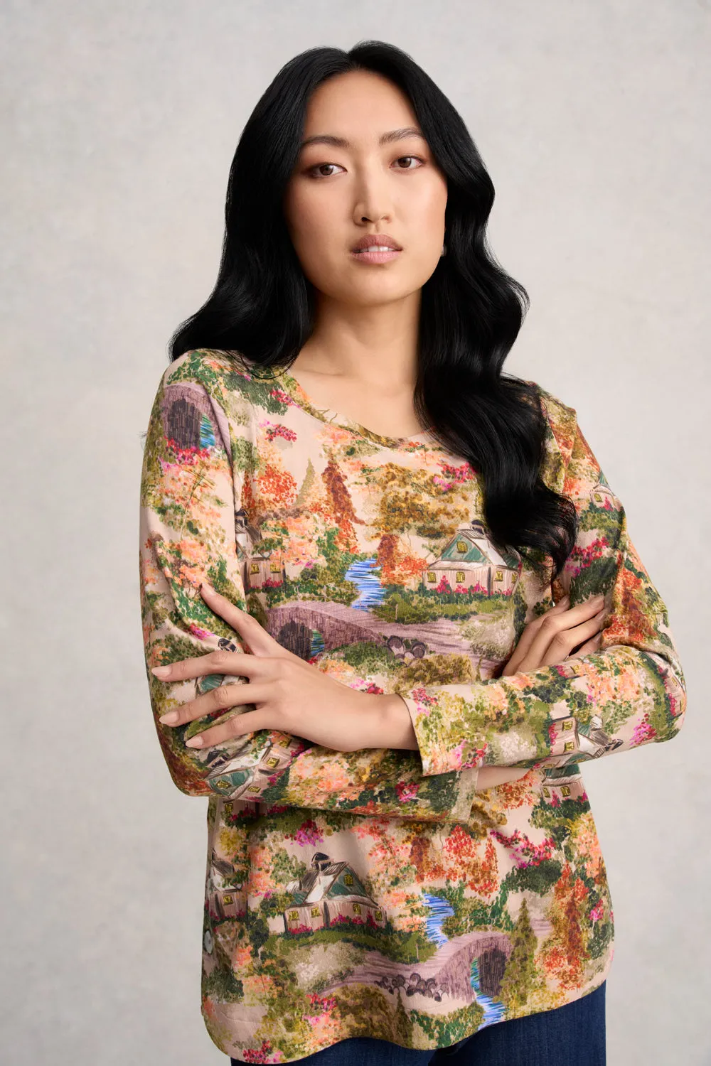 Long Sleeve Organic Cotton T-Shirt - Autumn Cottage Print