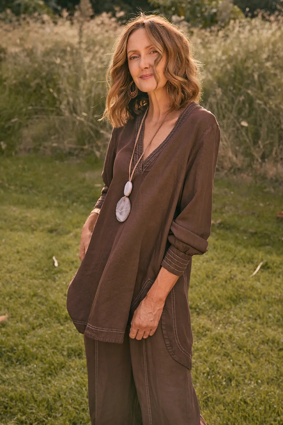 Maggie Tencel Tunic Top in Chocolate