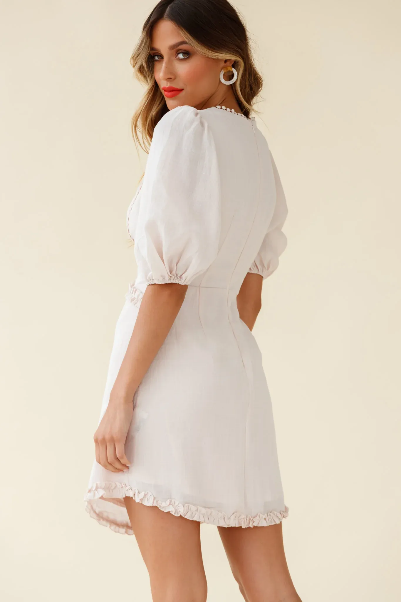 Meant To Be Puff Sleeve Frill Detail Dress Beige