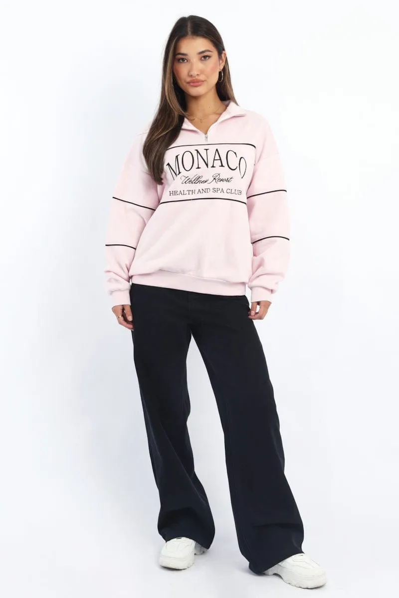 Pink Zip Sweater Funnel Neck Oversized