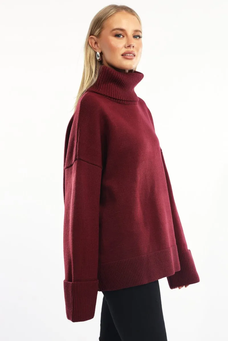 Red Knit Top Long Sleeve Oversized High Neck