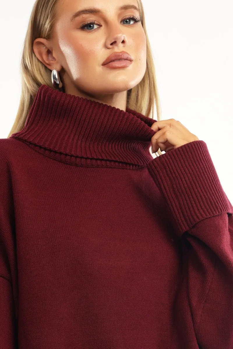 Red Knit Top Long Sleeve Oversized High Neck