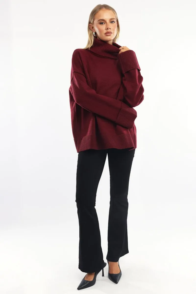 Red Knit Top Long Sleeve Oversized High Neck