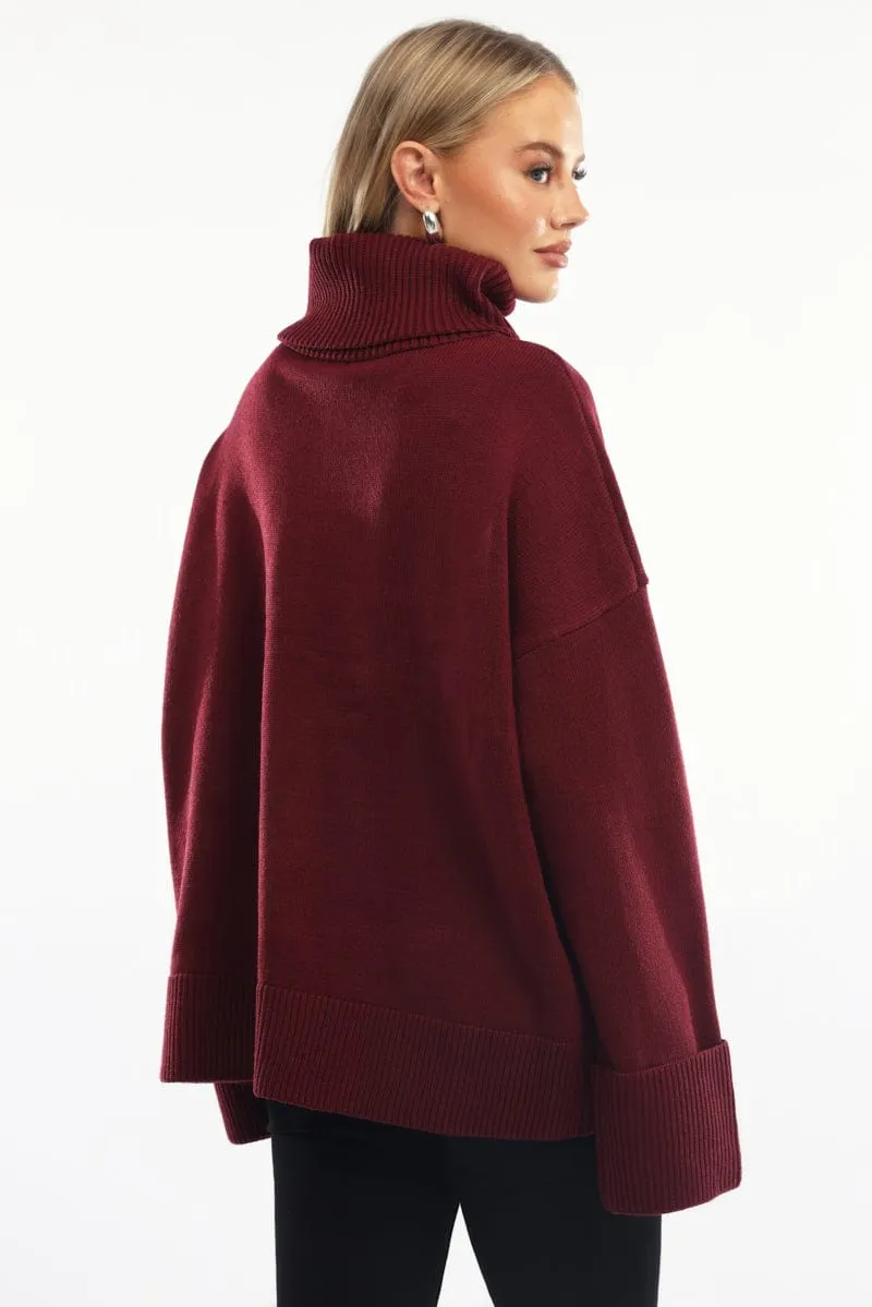 Red Knit Top Long Sleeve Oversized High Neck