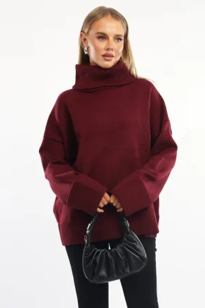 Red Knit Top Long Sleeve Oversized High Neck