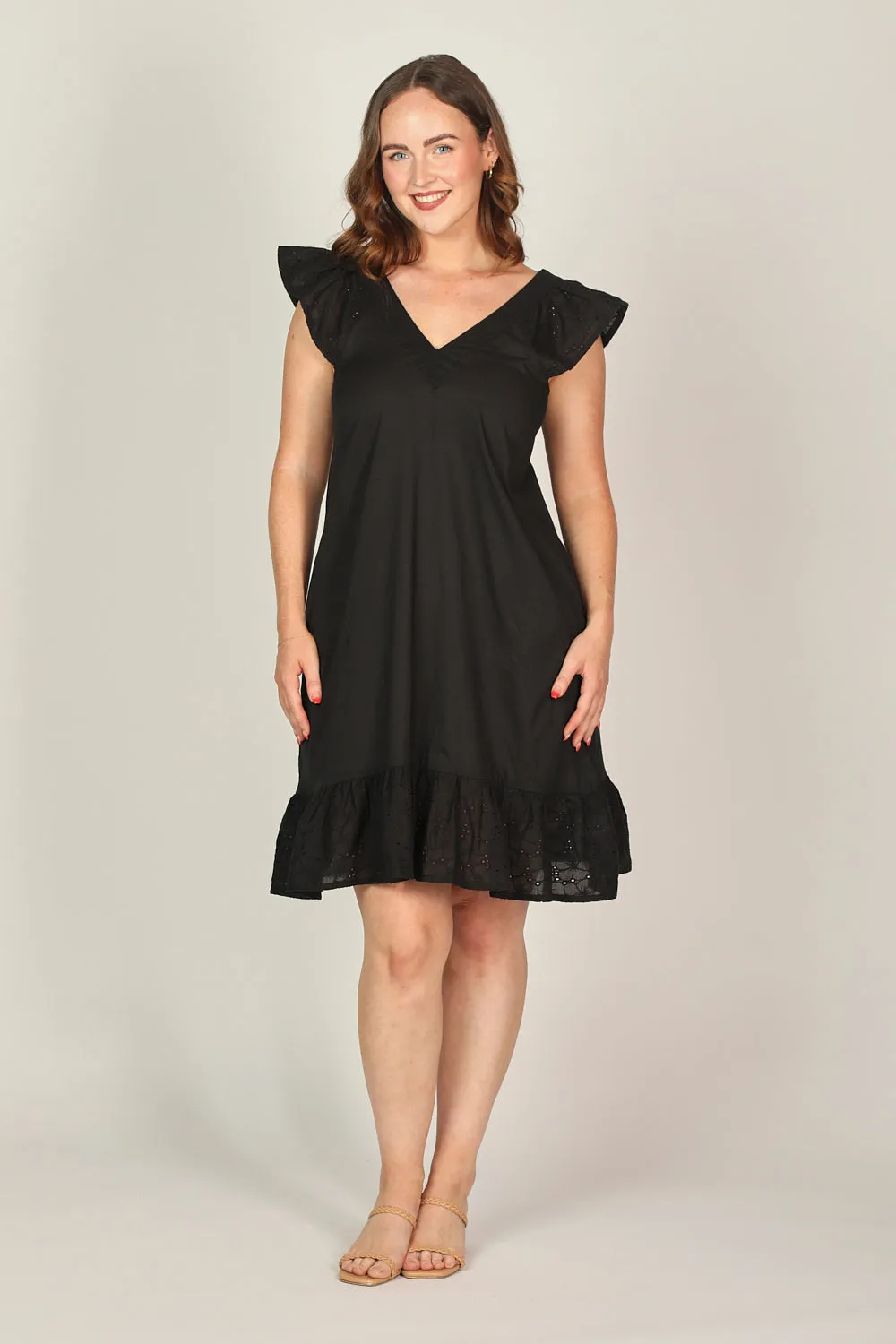 Rivka Short Broderie Anglaise Dress in Black