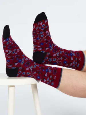 Scattered Flower Bamboo Crew Socks - Burgundy