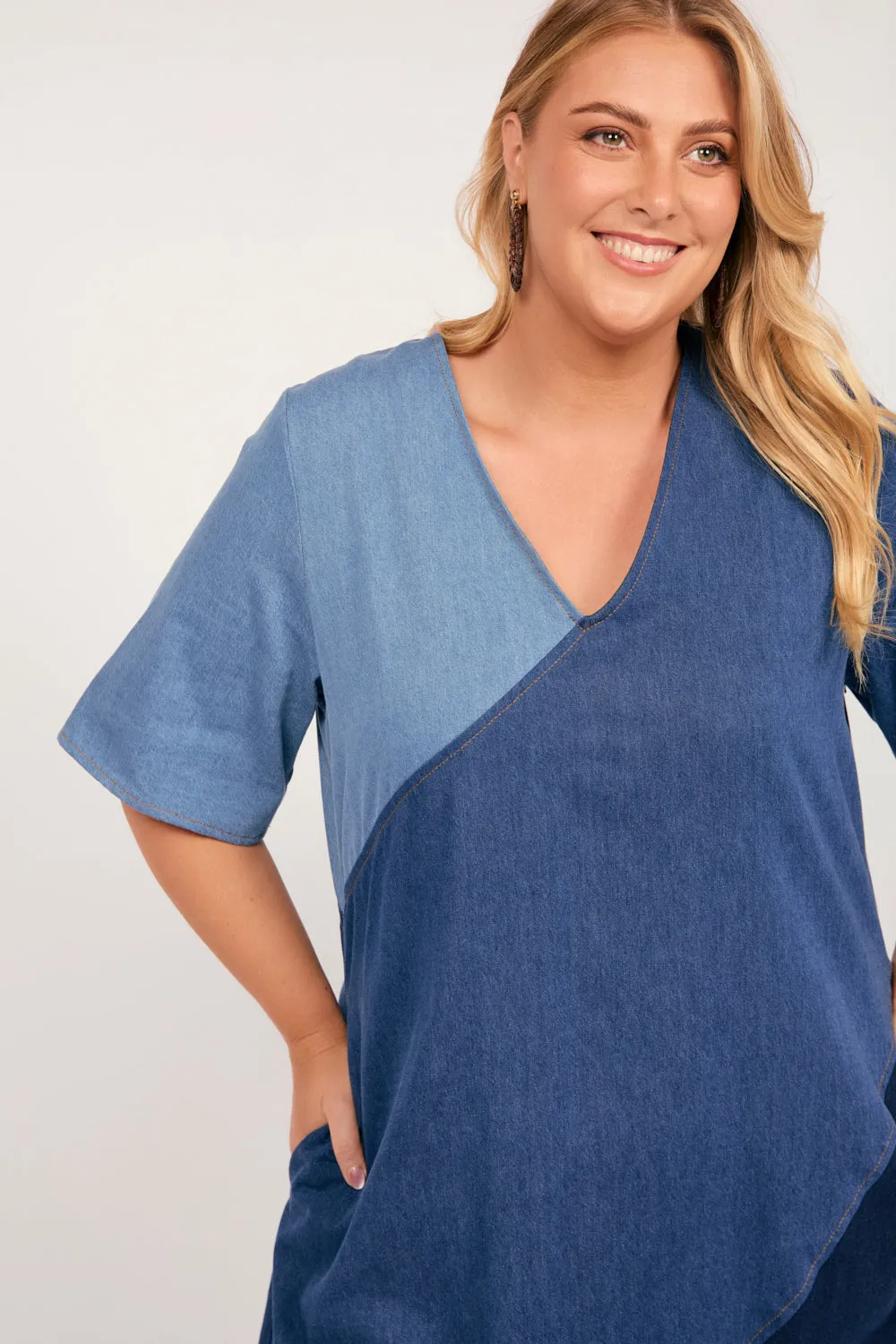 Tamara Denim Spliced Dress in Patchwork