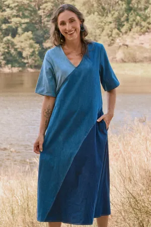 Tamara Denim Spliced Dress in Patchwork