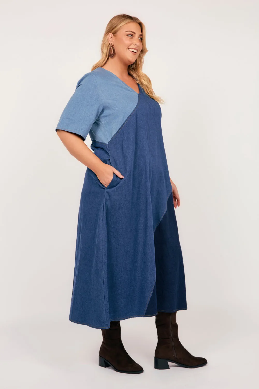 Tamara Denim Spliced Dress in Patchwork