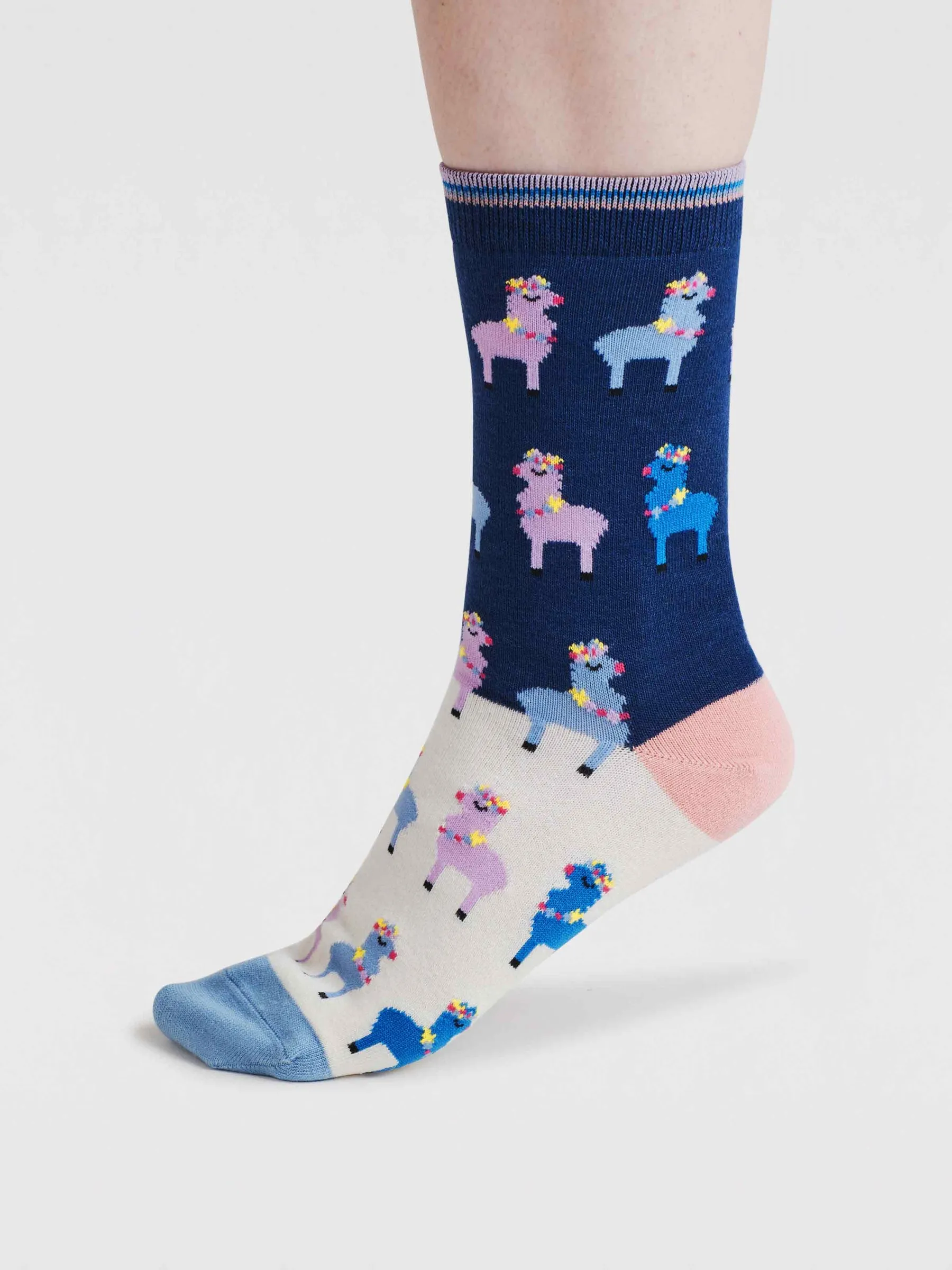 Womens Clara Rainbow Llama Organic Cotton Socks - Violet Blue