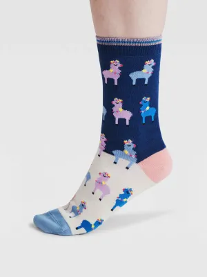 Womens Clara Rainbow Llama Organic Cotton Socks - Violet Blue