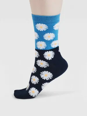 Womens Daisy Floral Organic Cotton Socks - Sea Blue